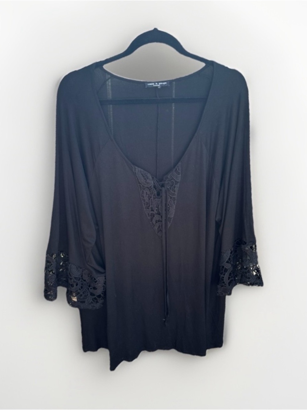 Cable & Gauge Black Lace-Trim V-Neck Blouse